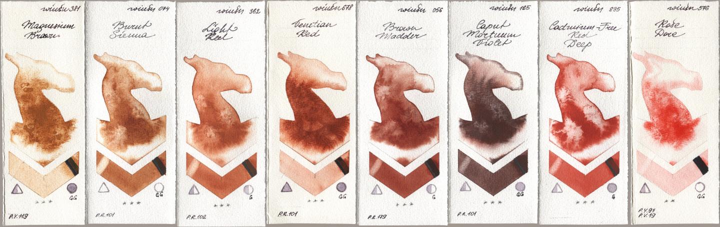 Winsor & Newton Professional 381 Magnesuim Brown, 074 Burnt Sienna, 362 Light Red, 678 Venetian Red, 056 Brown Madder, 125 Caput Mortuum Violet, 895 Cadmium-Free Red Deep, 576 Rose Do watercolor swatch