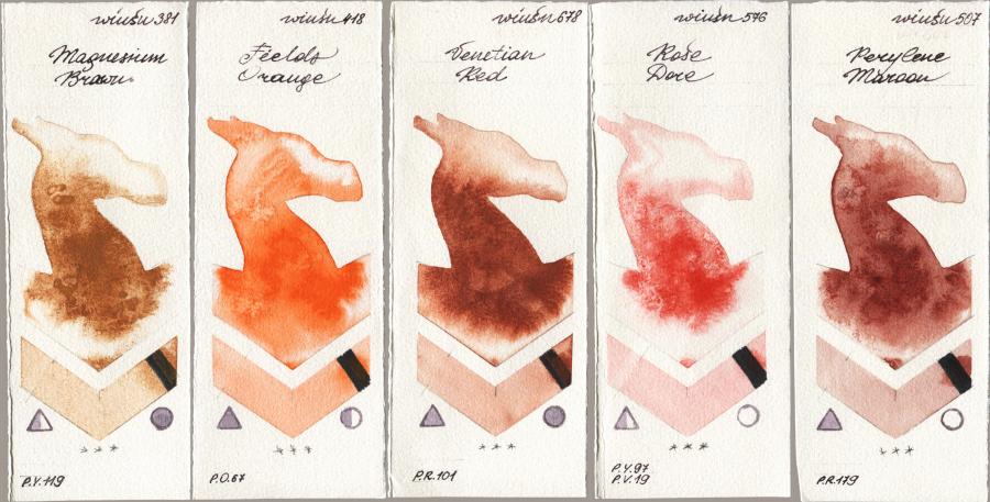 Winsor & Newton Professional 381 Magnesuim Brown vs 418 Fields Orange vs 678 Venetian Red vs 576 Rose Dore vs 507 Perylene Maroon watercolor swatch