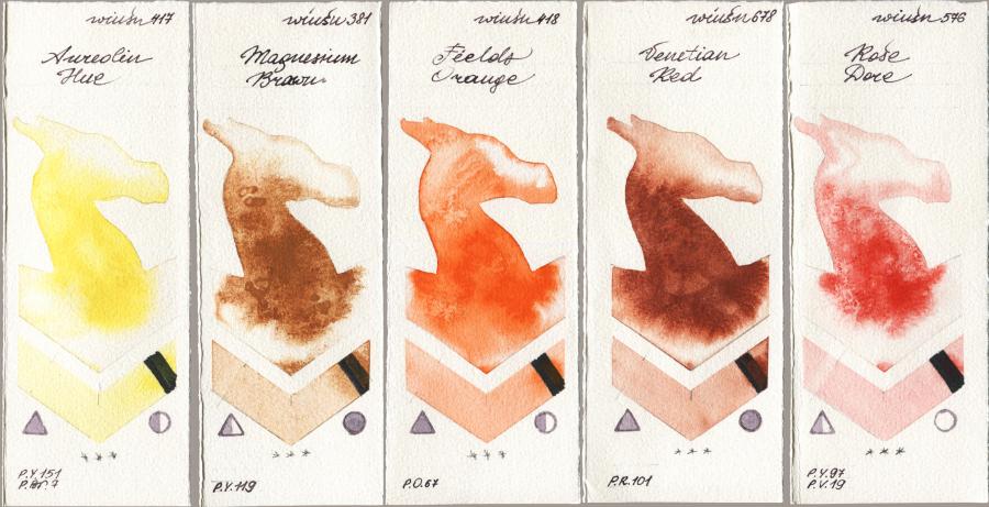 Winsor & Newton Professional 417 Aureolin Hue vs 381 Magnesuim Brown vs 418 Fields Orange vs 678 Venetian Red vs 576 Rose Dore watercolor swatch