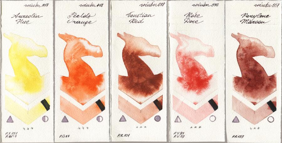 Winsor & Newton Professional 417 Aureolin Hue vs 418 Fields Orange vs 678 Venetian Red vs 576 Rose Dore vs 507 Perylene Maroon watercolor swatch