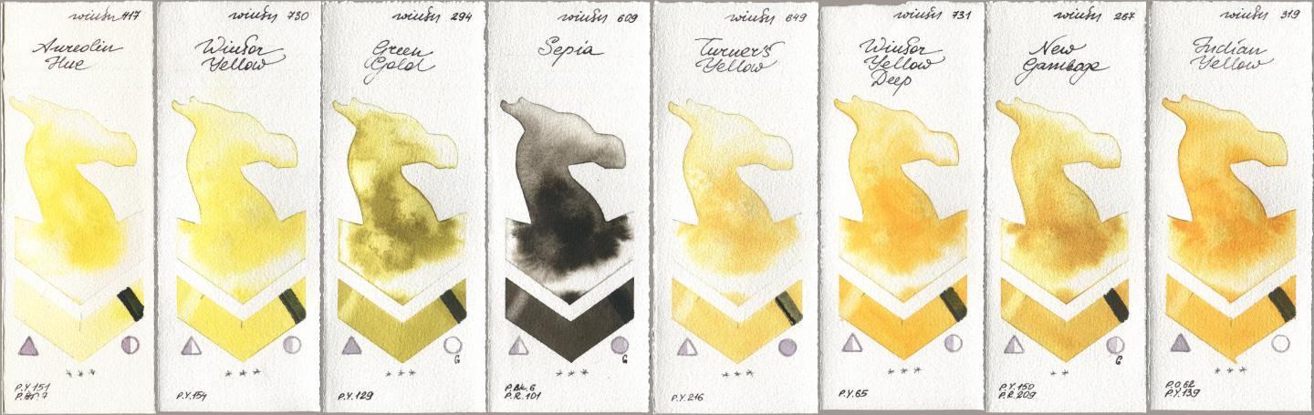 Winsor & Newton Professional 417 Aureolin Hue, 730 Winsor Yellow, 294 Green Gold, 609 Sepia, 649 Turners Yellow, 731 Winsor Yellow Deep, 267 New Gamboge, 319 Indian Yell watercolor swatch