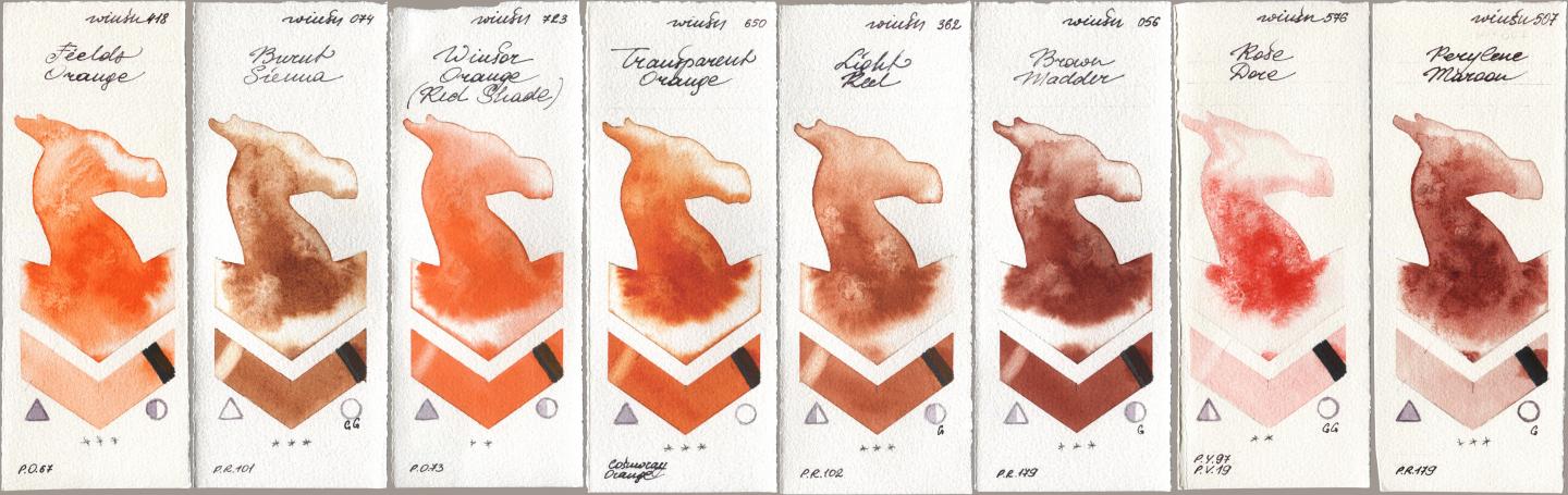 Winsor & Newton Professional 418 Fields Orange, 074 Burnt Sienna, 723 Winsor Orange (Red Shade), 650 Transparent Orange, 362 Light Red, 056 Brown Madder, 576 Rose Dore, 507 Perylene Maro watercolor swatch