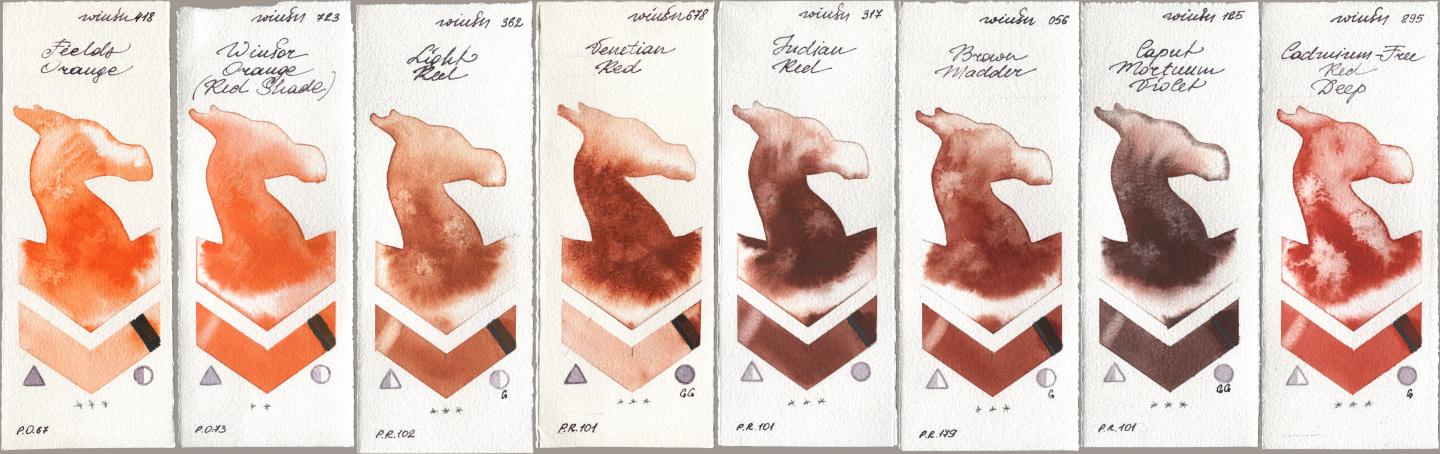 Winsor & Newton Professional 418 Fields Orange, 723 Winsor Orange (Red Shade), 362 Light Red, 678 Venetian Red, 317 Indian Red, 056 Brown Madder, 125 Caput Mortuum Violet, 895 Cadmium-Free Red De watercolor swatch
