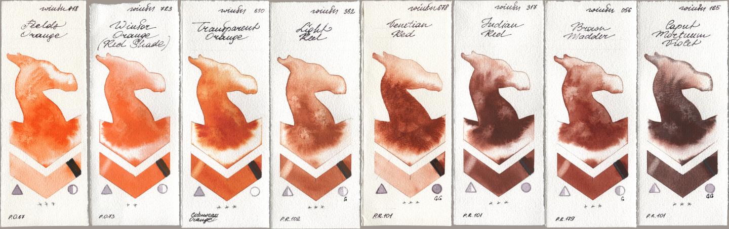 Winsor & Newton Professional 418 Fields Orange, 723 Winsor Orange (Red Shade), 650 Transparent Orange, 362 Light Red, 678 Venetian Red, 317 Indian Red, 056 Brown Madder, 125 Caput Mortuum Viol watercolor swatch