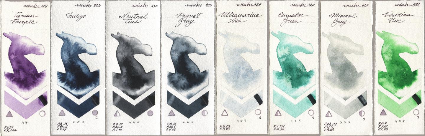 Winsor & Newton Professional 419 Tyrian Purple, 322 Indigo, 430 Neutral Tint, 465 Paynes Gray, 424 Ultramarine Ash, 420 Cinnabar Green, 427 Mineral Grey, 696 Viridian H watercolor swatch
