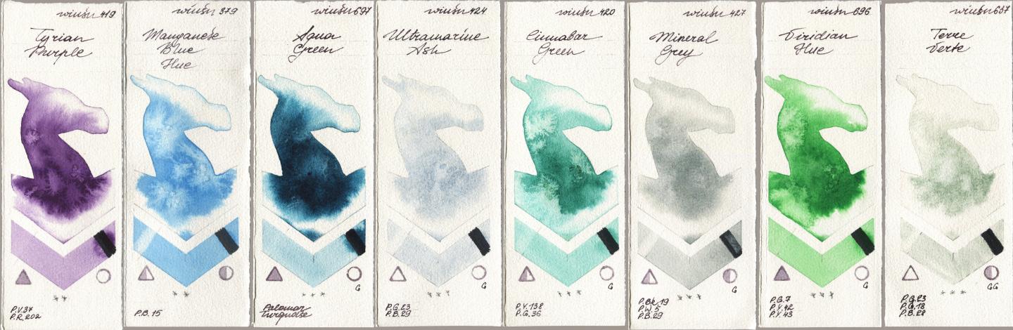 Winsor & Newton Professional 419 Tyrian Purple, 379 Manganese Blue Hue, 697 Aqua Green, 424 Ultramarine Ash, 420 Cinnabar Green, 427 Mineral Grey, 696 Viridian Hue, 637 Terre Ver watercolor swatch