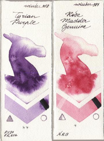 Winsor & Newton Professional 419 Tyrian Purple vs 587 Rose Madder Genuine watercolor swatch