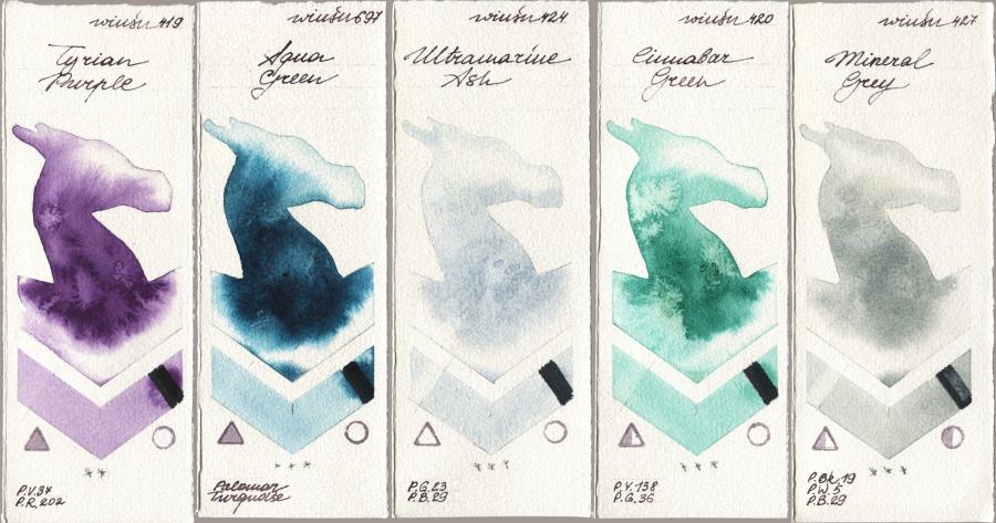 Winsor & Newton Professional 419 Tyrian Purple vs 697 Aqua Green vs 424 Ultramarine Ash vs 420 Cinnabar Green vs 427 Mineral Grey watercolor swatch