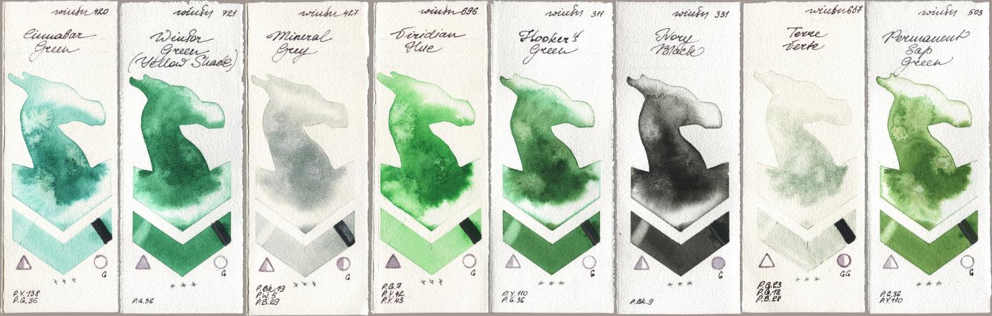 Winsor & Newton Professional 420 Cinnabar Green, 721 Winsor Green (Yellow shade), 427 Mineral Grey, 696 Viridian Hue, 311 Hookers Green, 331 Ivory Black, 637 Terre Verte, 503 Permanent Sap Gre watercolor swatch
