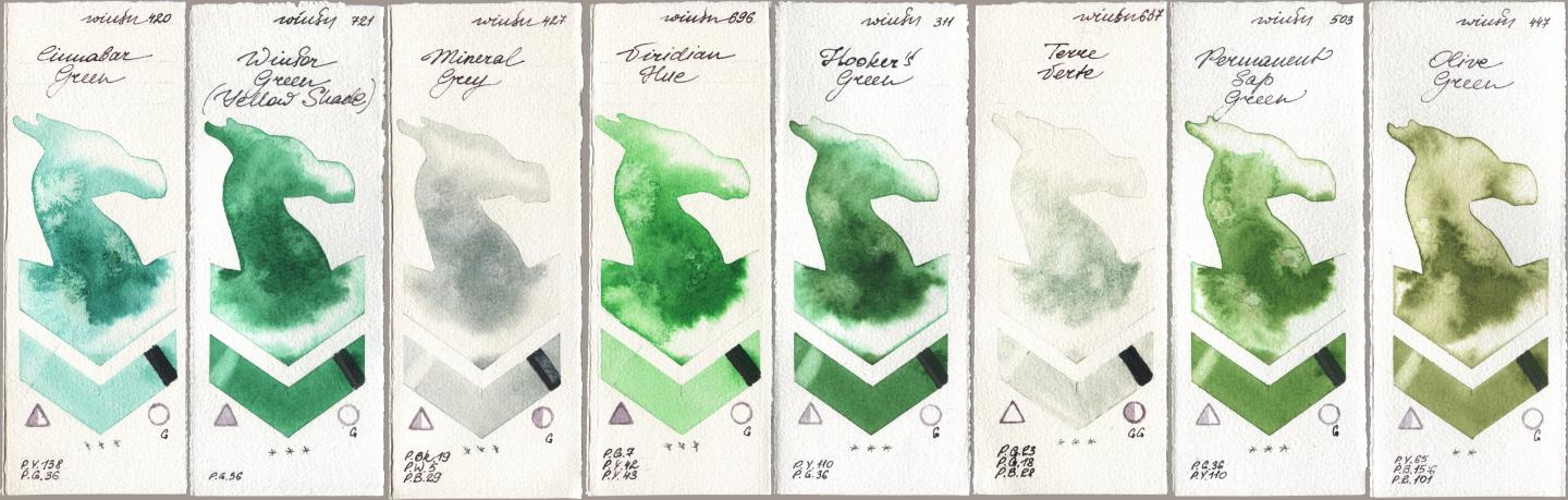 Winsor & Newton Professional 420 Cinnabar Green, 721 Winsor Green (Yellow shade), 427 Mineral Grey, 696 Viridian Hue, 311 Hookers Green, 637 Terre Verte, 503 Permanent Sap Green, 447 Olive Gre watercolor swatch