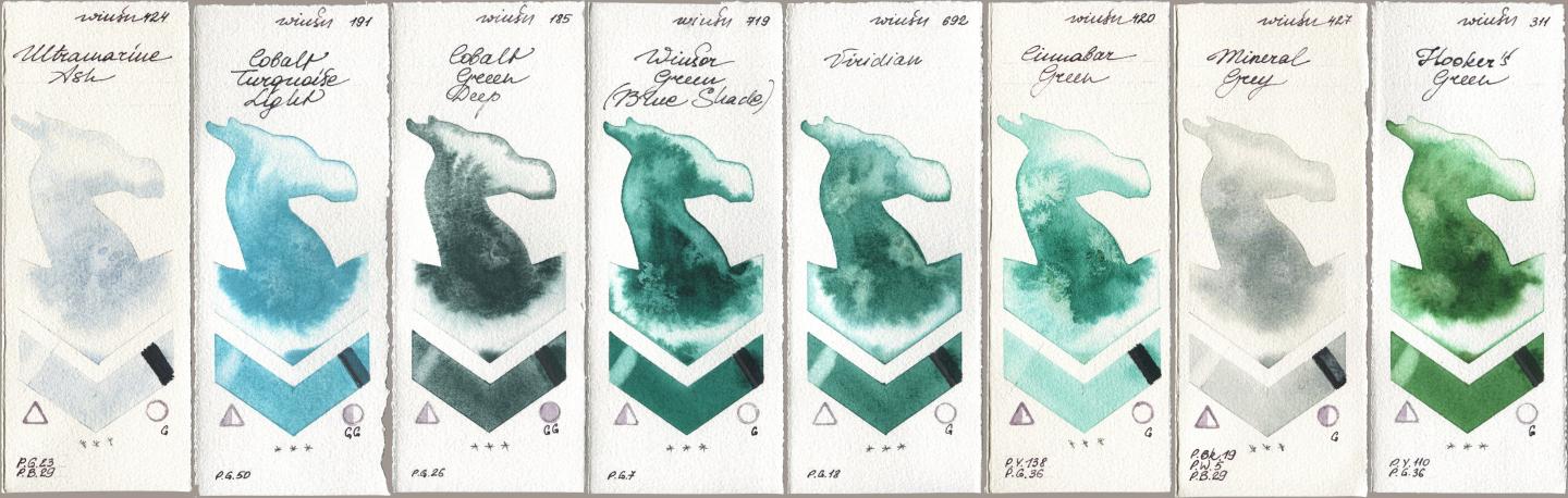 Winsor & Newton Professional 424 Ultramarine Ash, 191 Cobalt Turquoise Light, 185 Cobalt Green Deep, 719 Winsor Green (Blue Shade), 692 Viridian, 420 Cinnabar Green, 427 Mineral Grey, 311 Hookers Gre watercolor swatch