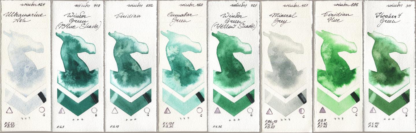 Winsor & Newton Professional 424 Ultramarine Ash, 719 Winsor Green (Blue Shade), 692 Viridian, 420 Cinnabar Green, 721 Winsor Green (Yellow shade), 427 Mineral Grey, 696 Viridian Hue, 311 Hookers Gre watercolor swatch
