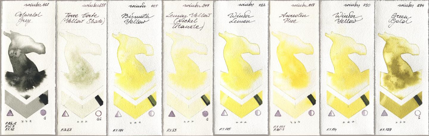Winsor & Newton Professional 428 Ostwald Grey, 638 Terre Verte (Yellow Shade), 025 Bismuth Yellow, 347 Lemon Yellow (Nickel Titanate), 722 Winsor Lemon, 417 Aureolin Hue, 730 Winsor Yellow, 294 Green Go watercolor swatch