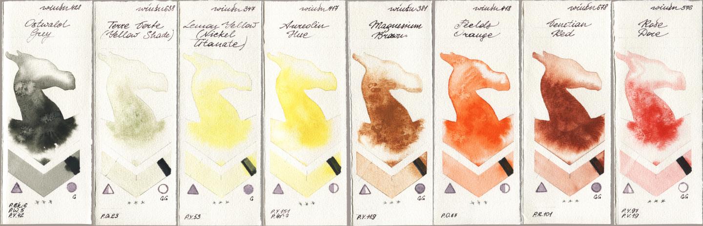 Winsor & Newton Professional 428 Ostwald Grey, 638 Terre Verte (Yellow Shade), 347 Lemon Yellow (Nickel Titanate), 417 Aureolin Hue, 381 Magnesuim Brown, 418 Fields Orange, 678 Venetian Red, 576 Rose Do watercolor swatch