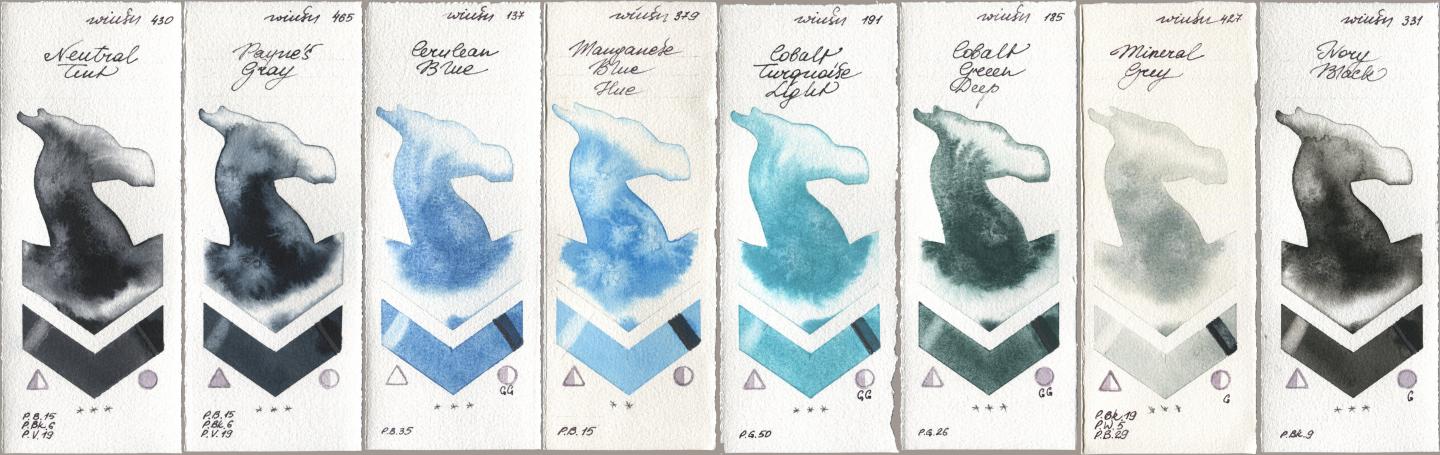 Winsor & Newton Professional 430 Neutral Tint, 465 Paynes Gray, 137 Cerulean Blue, 379 Manganese Blue Hue, 191 Cobalt Turquoise Light, 185 Cobalt Green Deep, 427 Mineral Grey, 331 Ivory Bla watercolor swatch