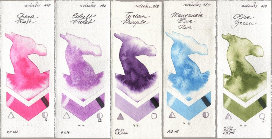 Winsor & Newton Professional 448 Opera Rose, 192 Cobalt Violet, 419 Tyrian Purple, 379 Manganese Blue Hue, 447 Olive Gre watercolor swatch