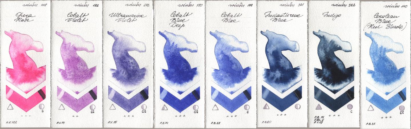 Winsor & Newton Professional 448 Opera Rose, 192 Cobalt Violet, 672 Ultramarine Violet, 180 Cobalt Blue Deep, 178 Cobalt Blue, 321 Indanthrene Blue, 322 Indigo, 140 Cerulean Blue (Red Shad watercolor swatch