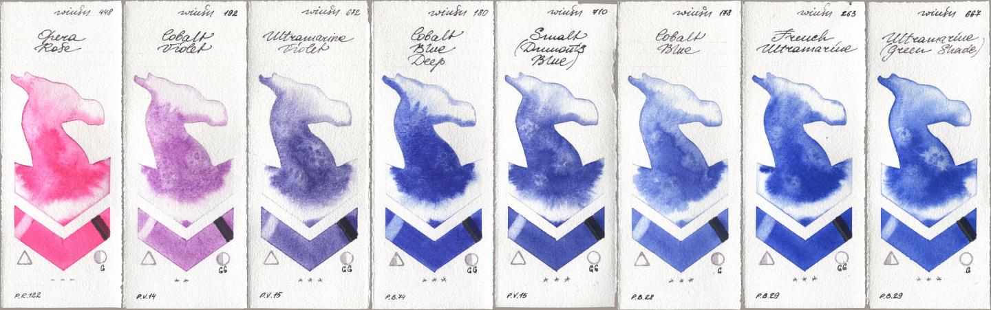 Winsor & Newton Professional 448 Opera Rose, 192 Cobalt Violet, 672 Ultramarine Violet, 180 Cobalt Blue Deep, 710 Smalt (Dumonts Blue), 178 Cobalt Blue, 263 French Ultramarine, 667 Ultramarine (Green Shad watercolor swatch