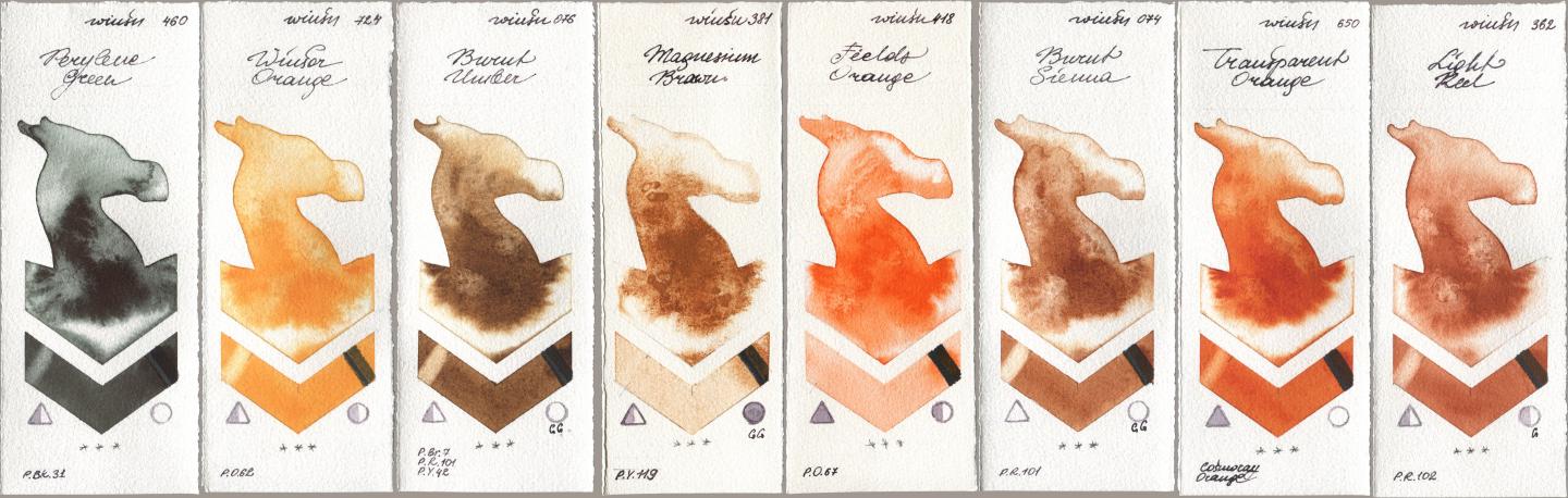 Winsor & Newton Professional 460 Perylene Green, 724 Winsor Orange, 076 Burnt Umber, 381 Magnesuim Brown, 418 Fields Orange, 074 Burnt Sienna, 650 Transparent Orange, 362 Light R watercolor swatch
