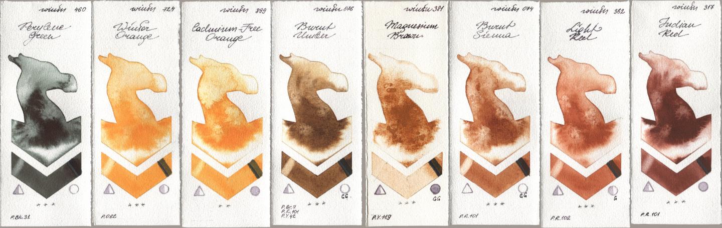 Winsor & Newton Professional 460 Perylene Green, 724 Winsor Orange, 899 Cadmium-Free Orange, 076 Burnt Umber, 381 Magnesuim Brown, 074 Burnt Sienna, 362 Light Red, 317 Indian R watercolor swatch