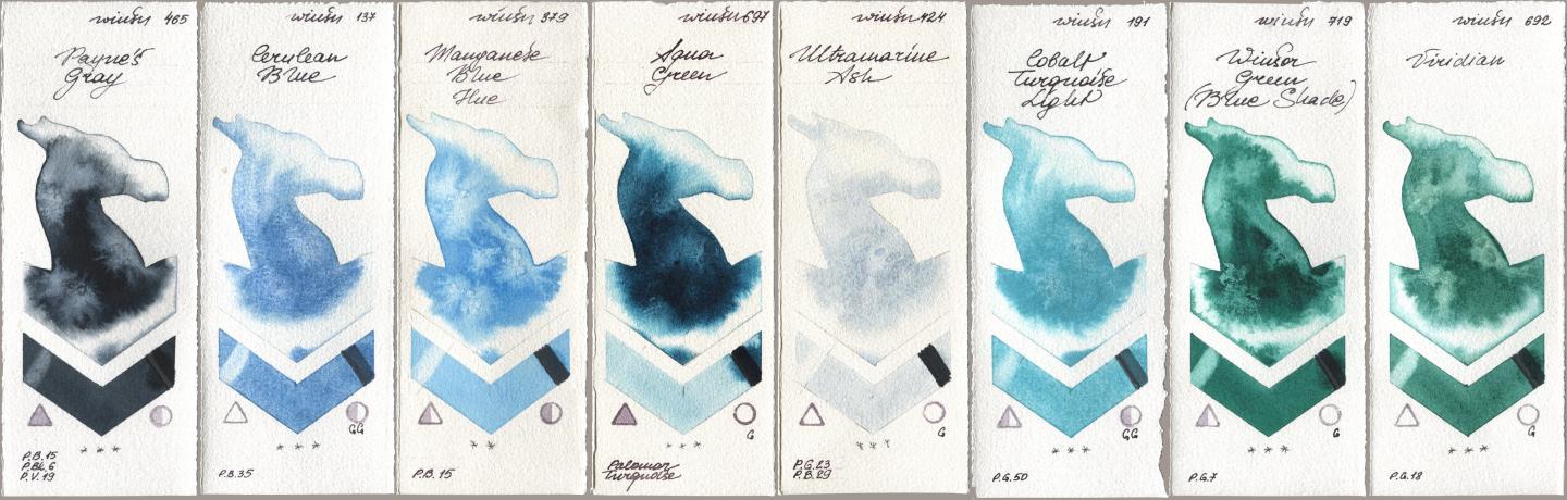 Winsor & Newton Professional 465 Paynes Gray, 137 Cerulean Blue, 379 Manganese Blue Hue, 697 Aqua Green, 424 Ultramarine Ash, 191 Cobalt Turquoise Light, 719 Winsor Green (Blue Shade), 692 Viridi watercolor swatch