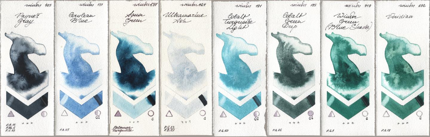 Winsor & Newton Professional 465 Paynes Gray, 137 Cerulean Blue, 697 Aqua Green, 424 Ultramarine Ash, 191 Cobalt Turquoise Light, 185 Cobalt Green Deep, 719 Winsor Green (Blue Shade), 692 Viridi watercolor swatch