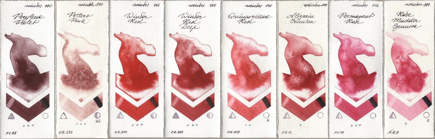 Winsor & Newton Professional 470 Perylene Violet, 537 Potters Pink, 726 Winsor Red, 725 Winsor Red Deep, 548 Quinacridone Red, 004 Alizarin Crimson, 502 Permanent Rose, 587 Rose Madder Genui watercolor swatch