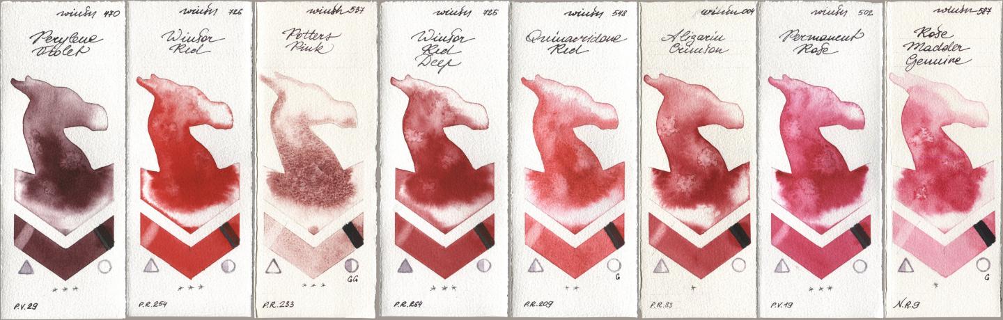 Winsor & Newton Professional 470 Perylene Violet, 726 Winsor Red, 537 Potters Pink, 725 Winsor Red Deep, 548 Quinacridone Red, 004 Alizarin Crimson, 502 Permanent Rose, 587 Rose Madder Genui watercolor swatch