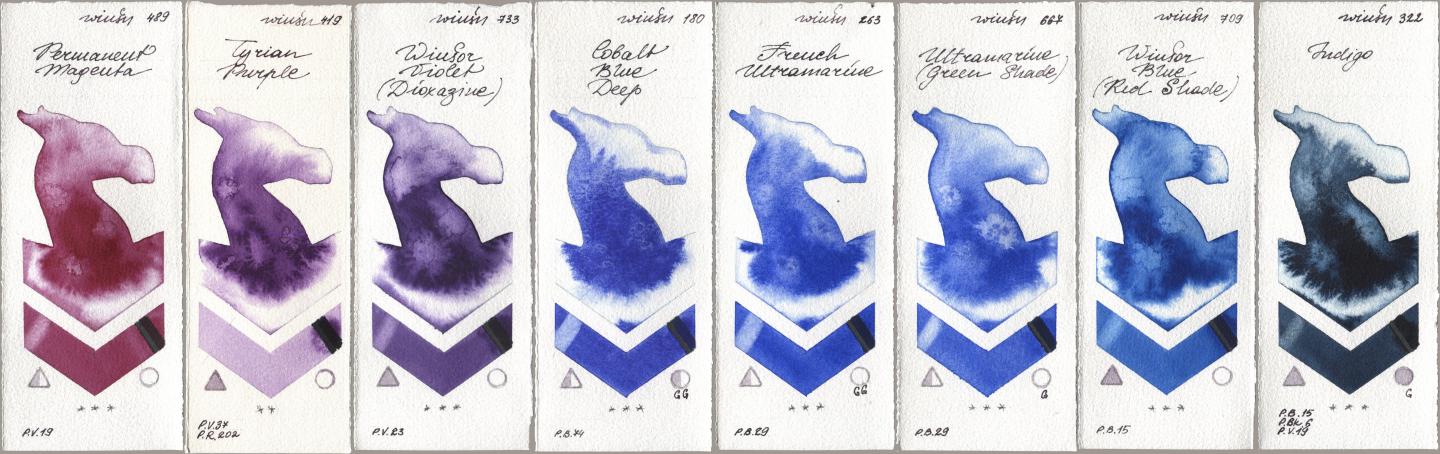 Winsor & Newton Professional 489 Permanent Magenta, 419 Tyrian Purple, 733 Winsor Violet (Dioxazine), 180 Cobalt Blue Deep, 263 French Ultramarine, 667 Ultramarine (Green Shade), 709 Winsor Blue (Red Shade), 322 Indi watercolor swatch