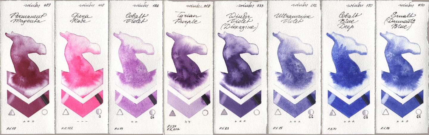 Winsor & Newton Professional 489 Permanent Magenta, 448 Opera Rose, 192 Cobalt Violet, 419 Tyrian Purple, 733 Winsor Violet (Dioxazine), 672 Ultramarine Violet, 180 Cobalt Blue Deep, 710 Smalt (Dumonts Blu watercolor swatch