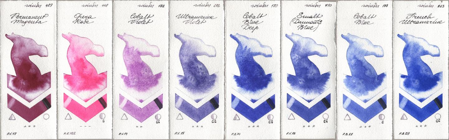 Winsor & Newton Professional 489 Permanent Magenta, 448 Opera Rose, 192 Cobalt Violet, 672 Ultramarine Violet, 180 Cobalt Blue Deep, 710 Smalt (Dumonts Blue), 178 Cobalt Blue, 263 French Ultramari watercolor swatch