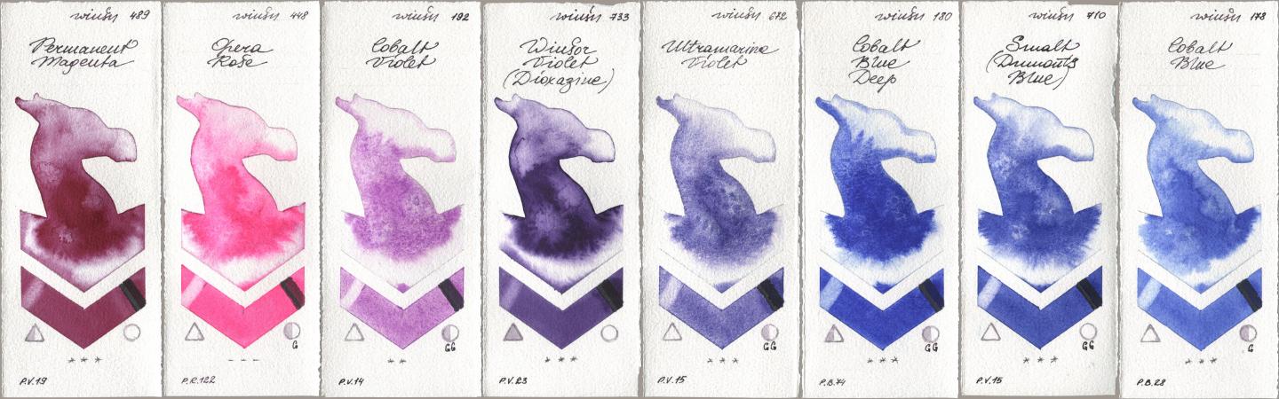 Winsor & Newton Professional 489 Permanent Magenta, 448 Opera Rose, 192 Cobalt Violet, 733 Winsor Violet (Dioxazine), 672 Ultramarine Violet, 180 Cobalt Blue Deep, 710 Smalt (Dumonts Blue), 178 Cobalt Bl watercolor swatch