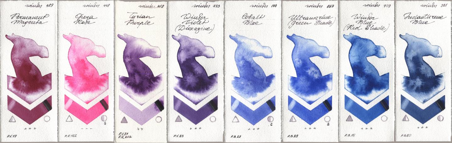 Winsor & Newton Professional 489 Permanent Magenta, 448 Opera Rose, 419 Tyrian Purple, 733 Winsor Violet (Dioxazine), 178 Cobalt Blue, 667 Ultramarine (Green Shade), 709 Winsor Blue (Red Shade), 321 Indanthrene Bl watercolor swatch