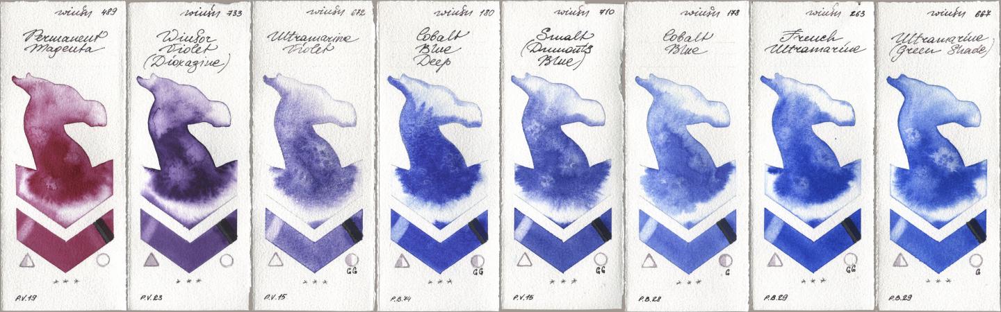 Winsor & Newton Professional 489 Permanent Magenta, 733 Winsor Violet (Dioxazine), 672 Ultramarine Violet, 180 Cobalt Blue Deep, 710 Smalt (Dumonts Blue), 178 Cobalt Blue, 263 French Ultramarine, 667 Ultramarine (Green Shad watercolor swatch