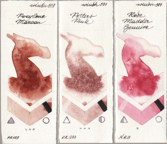 Winsor & Newton Professional 507 Perylene Maroon vs 537 Potters Pink vs 587 Rose Madder Genuine watercolor swatch
