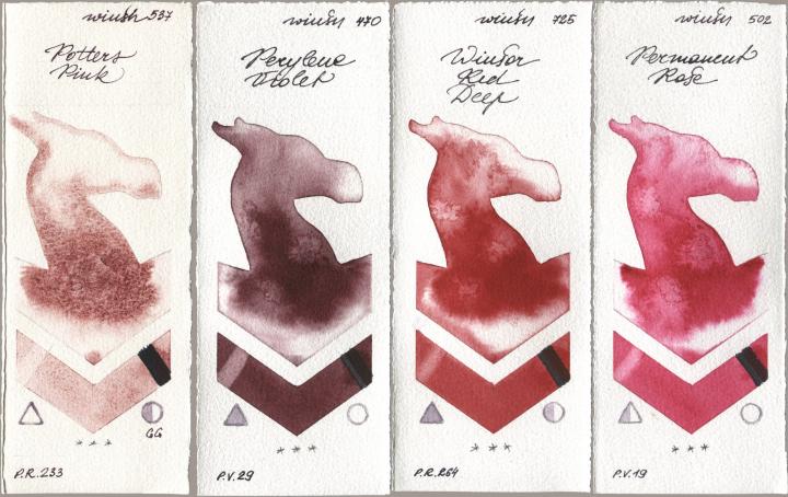 Winsor & Newton Professional 537 Potters Pink, 470 Perylene Violet, 725 Winsor Red Deep, 502 Permanent Ro watercolor swatch