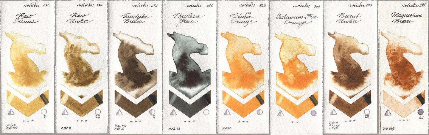 Winsor & Newton Professional 552 Raw Sienna, 554 Raw Umber, 676 Vandyke Brown, 460 Perylene Green, 724 Winsor Orange, 899 Cadmium-Free Orange, 076 Burnt Umber, 381 Magnesuim Bro watercolor swatch