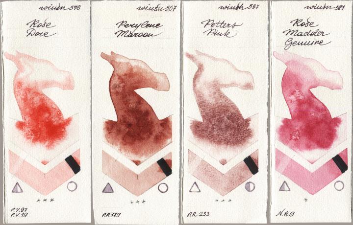 Winsor & Newton Professional 576 Rose Dore vs 507 Perylene Maroon vs 537 Potters Pink vs 587 Rose Madder Genuine watercolor swatch
