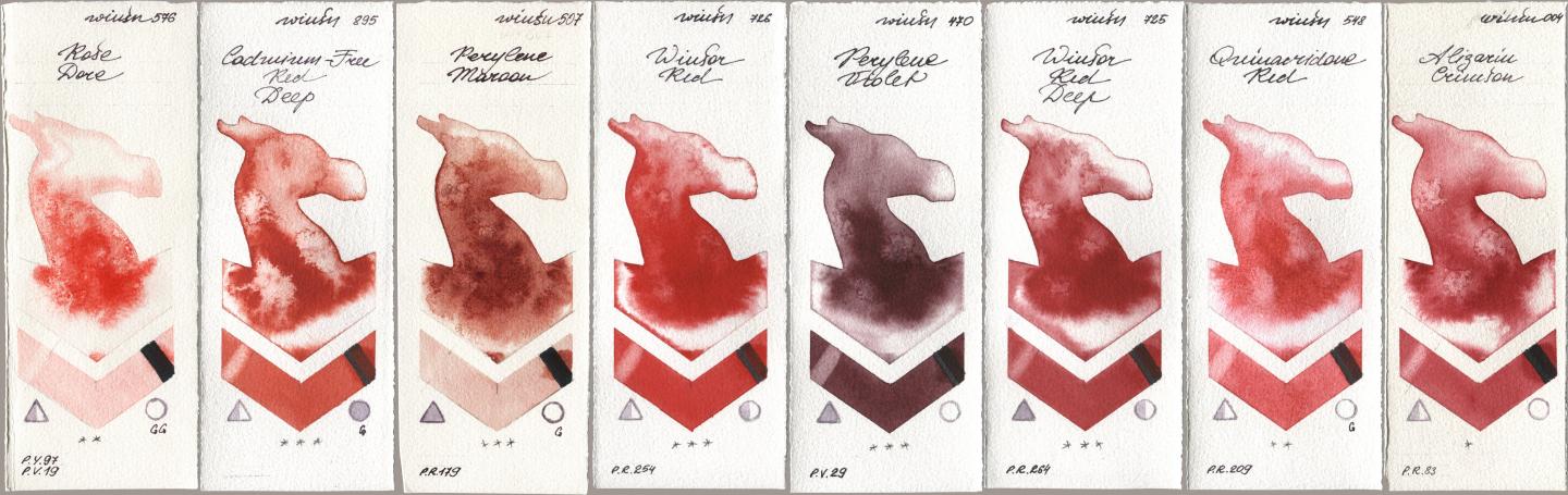 Winsor & Newton Professional 576 Rose Dore, 895 Cadmium-Free Red Deep, 507 Perylene Maroon, 726 Winsor Red, 470 Perylene Violet, 725 Winsor Red Deep, 548 Quinacridone Red, 004 Alizarin Crims watercolor swatch