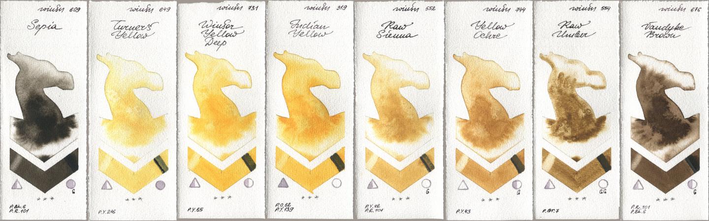 Winsor & Newton Professional 609 Sepia, 649 Turners Yellow, 731 Winsor Yellow Deep, 319 Indian Yellow, 552 Raw Sienna, 744 Yellow Ochre, 554 Raw Umber, 676 Vandyke Bro watercolor swatch