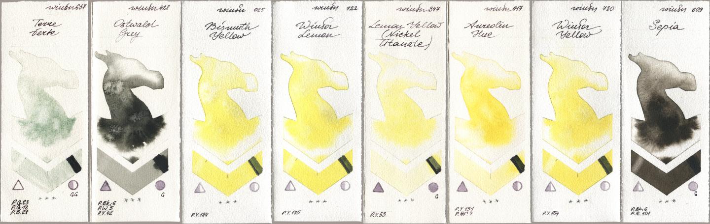 Winsor & Newton Professional 637 Terre Verte, 428 Ostwald Grey, 025 Bismuth Yellow, 722 Winsor Lemon, 347 Lemon Yellow (Nickel Titanate), 417 Aureolin Hue, 730 Winsor Yellow, 609 Sep watercolor swatch