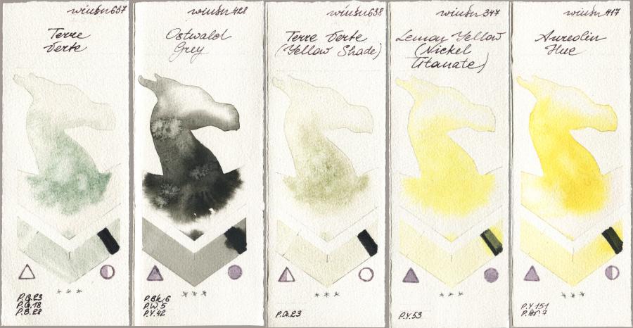 Winsor & Newton Professional 637 Terre Verte vs 428 Ostwald Grey vs 638 Terre Verte (Yellow Shade) vs 347 Lemon Yellow (Nickel Titanate) vs 417 Aureolin Hue watercolor swatch