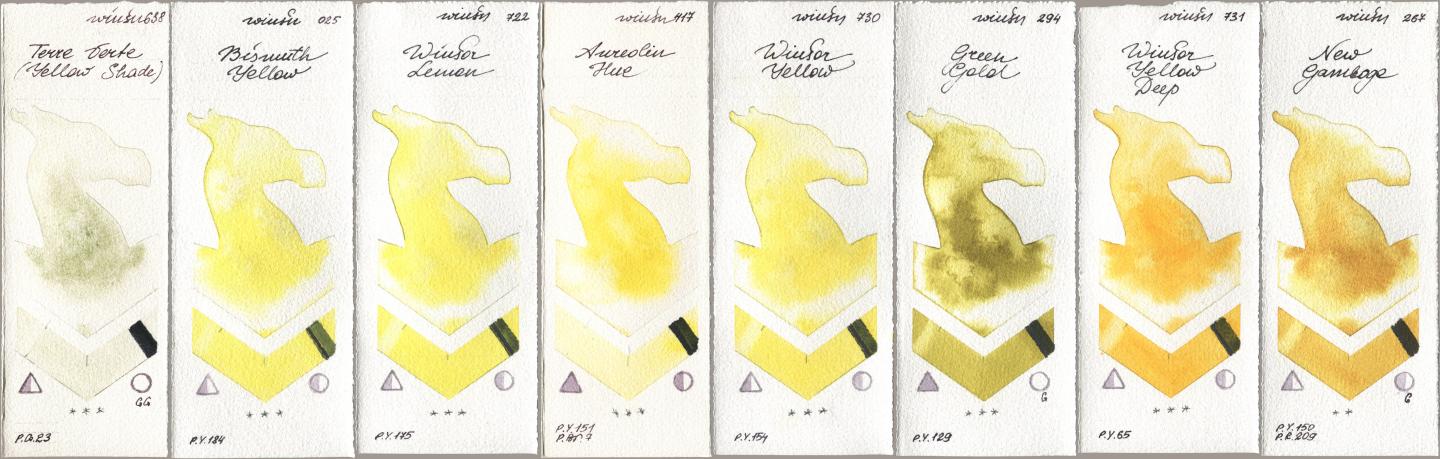 Winsor & Newton Professional 638 Terre Verte (Yellow Shade), 025 Bismuth Yellow, 722 Winsor Lemon, 417 Aureolin Hue, 730 Winsor Yellow, 294 Green Gold, 731 Winsor Yellow Deep, 267 New Gambo watercolor swatch
