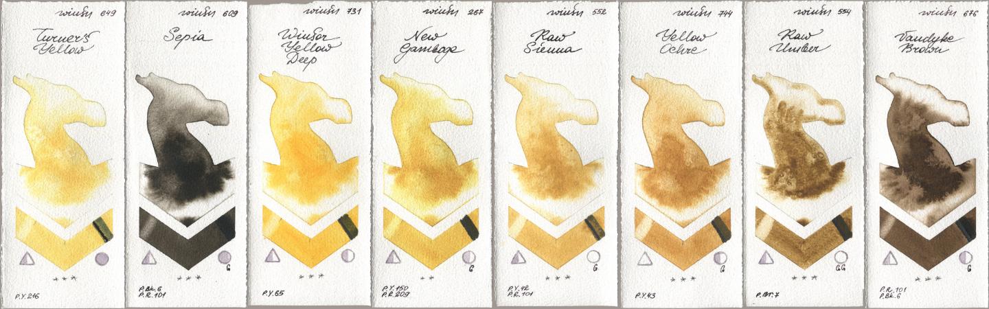 Winsor & Newton Professional 649 Turners Yellow, 609 Sepia, 731 Winsor Yellow Deep, 267 New Gamboge, 552 Raw Sienna, 744 Yellow Ochre, 554 Raw Umber, 676 Vandyke Bro watercolor swatch
