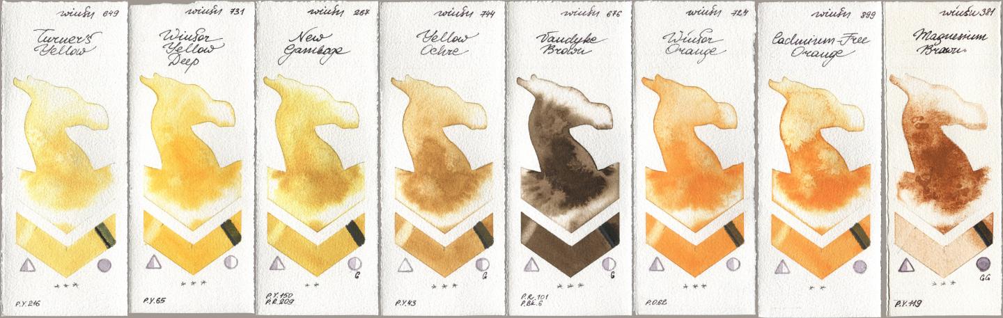 Winsor & Newton Professional 649 Turners Yellow, 731 Winsor Yellow Deep, 267 New Gamboge, 744 Yellow Ochre, 676 Vandyke Brown, 724 Winsor Orange, 899 Cadmium-Free Orange, 381 Magnesuim Bro watercolor swatch