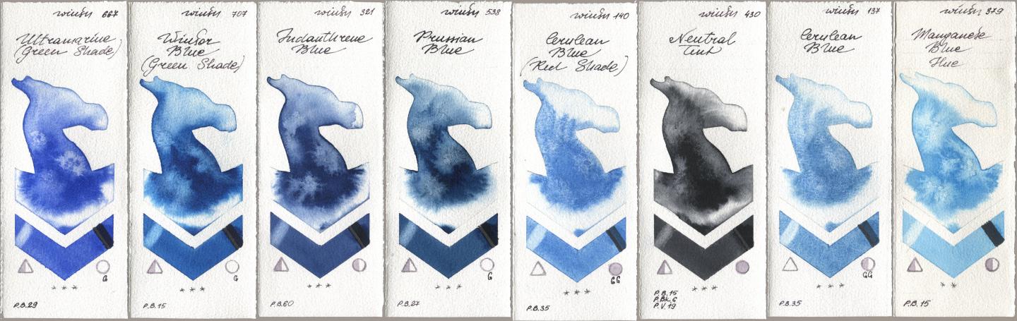 Winsor & Newton Professional 667 Ultramarine (Green Shade), 707 Winsor Blue (Green Shade), 321 Indanthrene Blue, 538 Prussian Blue, 140 Cerulean Blue (Red Shade), 430 Neutral Tint, 137 Cerulean Blue, 379 Manganese Blue H watercolor swatch