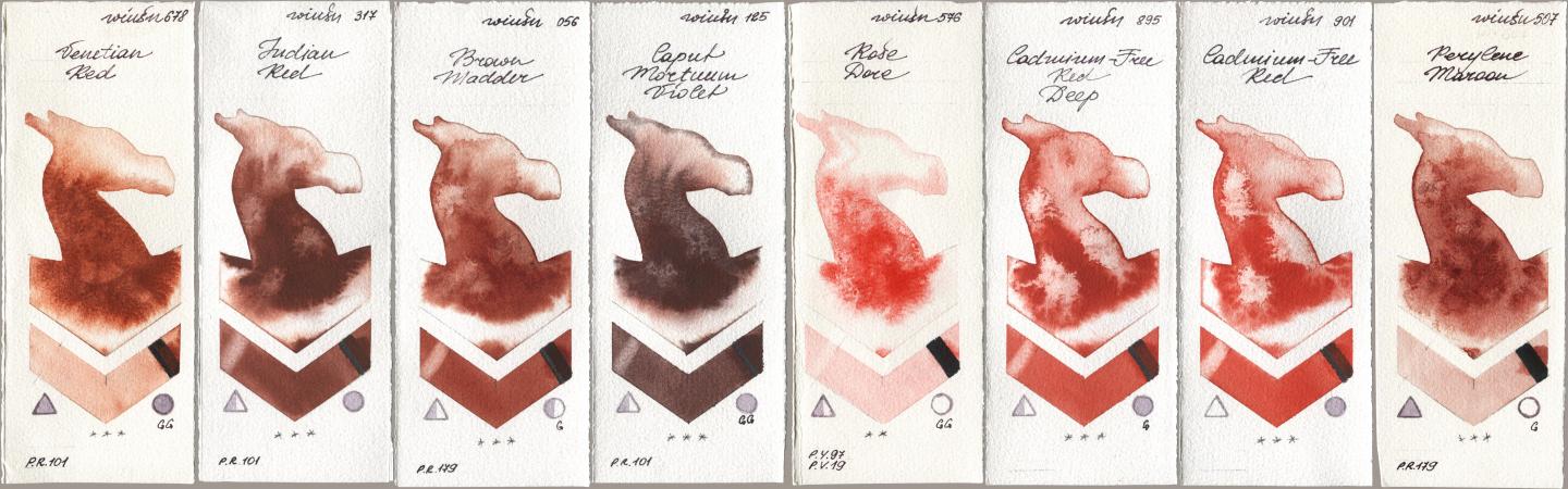 Winsor & Newton Professional 678 Venetian Red, 317 Indian Red, 056 Brown Madder, 125 Caput Mortuum Violet, 576 Rose Dore, 895 Cadmium-Free Red Deep, 901 Cadmium-Free Red, 507 Perylene Maro watercolor swatch
