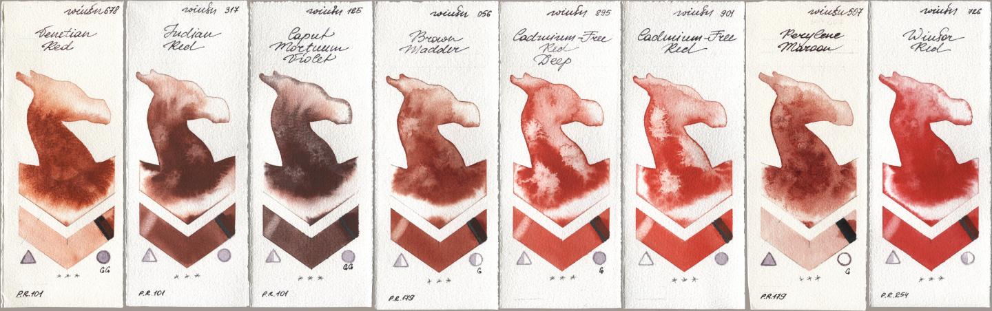 Winsor & Newton Professional 678 Venetian Red, 317 Indian Red, 125 Caput Mortuum Violet, 056 Brown Madder, 895 Cadmium-Free Red Deep, 901 Cadmium-Free Red, 507 Perylene Maroon, 726 Winsor R watercolor swatch