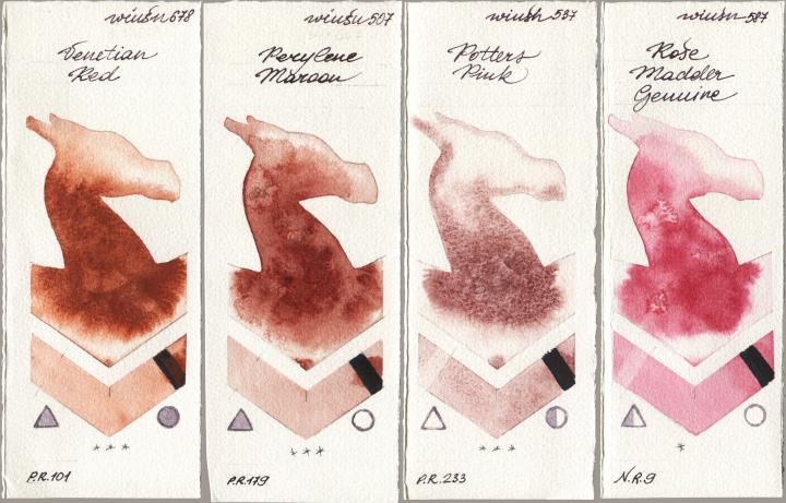 Winsor & Newton Professional 678 Venetian Red vs 507 Perylene Maroon vs 537 Potters Pink vs 587 Rose Madder Genuine watercolor swatch