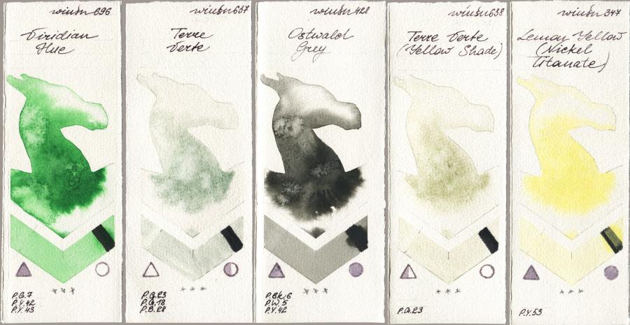 Winsor & Newton Professional 696 Viridian Hue vs 637 Terre Verte vs 428 Ostwald Grey vs 638 Terre Verte (Yellow Shade) vs 347 Lemon Yellow (Nickel Titanate) watercolor swatch
